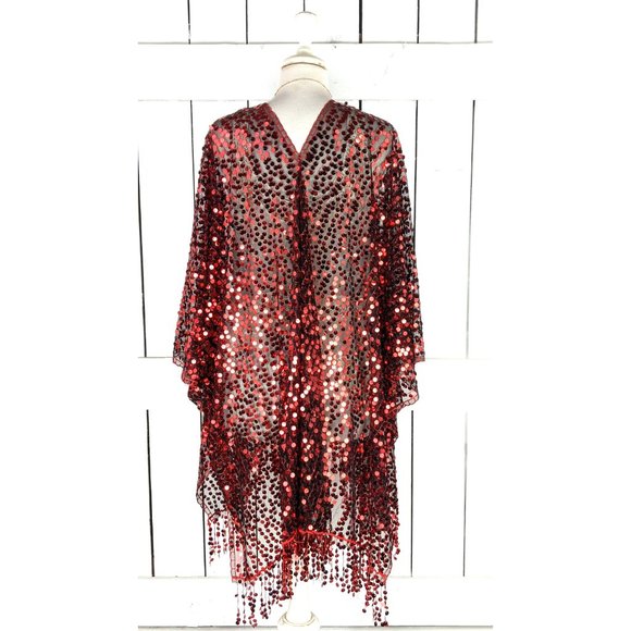 Red black sequin fringe tassel kimono cardigan cover up jacket - Picture 5 of 5